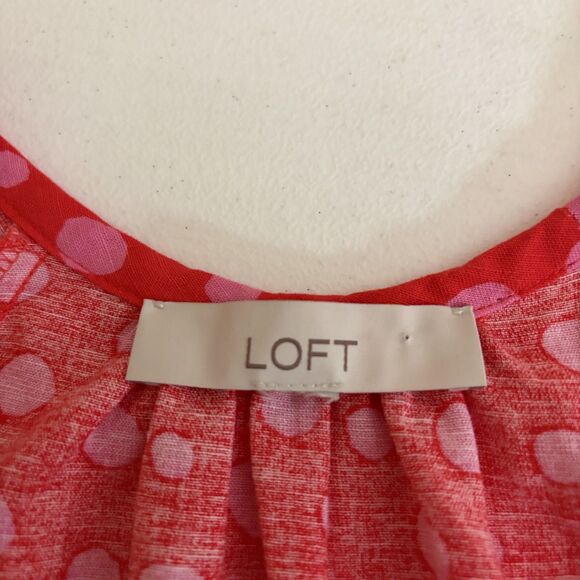Loft Blouse Women's Small Red Pink Polka Dot Linen Blend Round Neck Ruffle Top - Picture 6 of 8